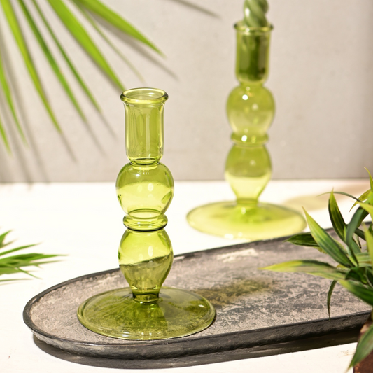 Blume Glass Candle Holders Green - Pack of 2