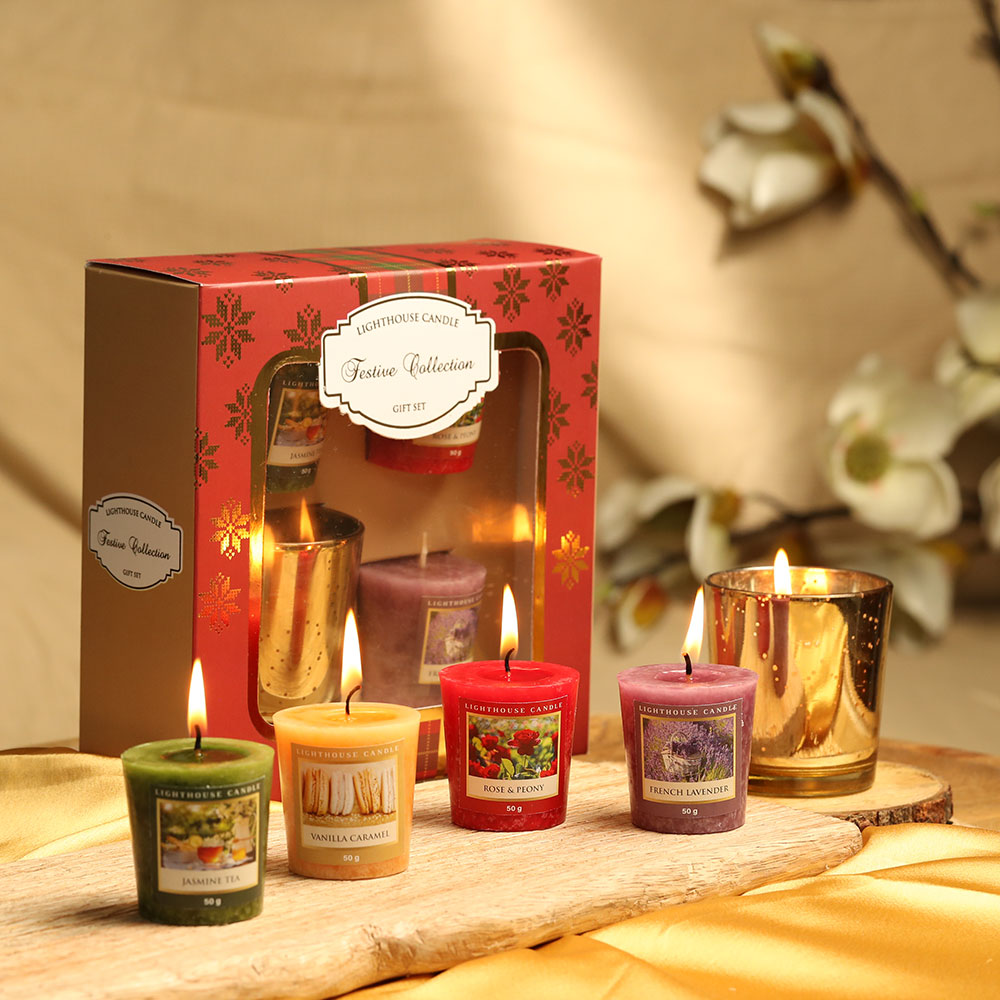 Festive Gift Box with Gold Glass and 4 Scented Candles